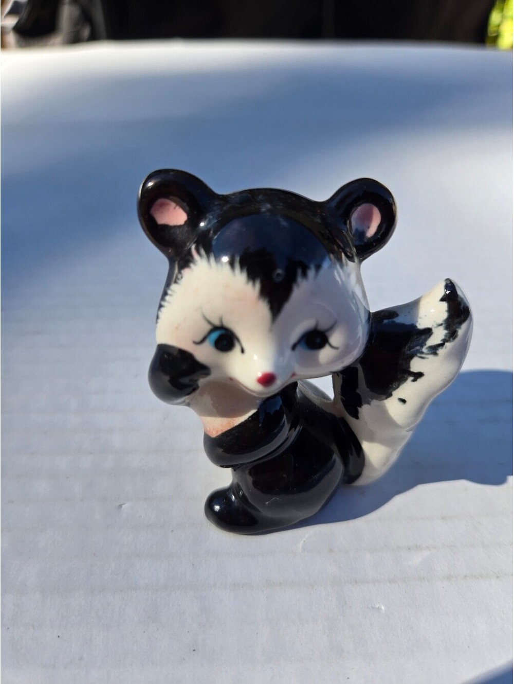 Vintage Ceramic Skunk Figurine Big Eyes Black & White Kitsch Animal Collectible